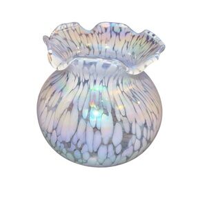 Vintage Iridescent Confetti Rainbow Glass Vase Ruffle Swirl Edge 5.25" Tall